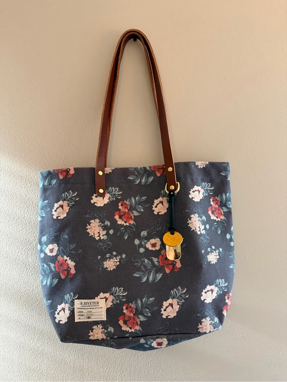 R. Riveter Navy Floral Canvas Tote with Brown Leather Straps